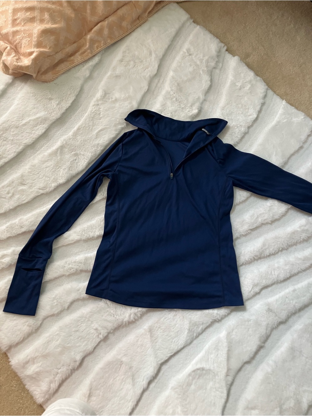 oiselle Navy Quarter-Zip Performance Pullover with watch window sleeve